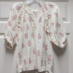 A loves A gold sparkle pink floral cream white tunic top shirt SMALL ruffle puff